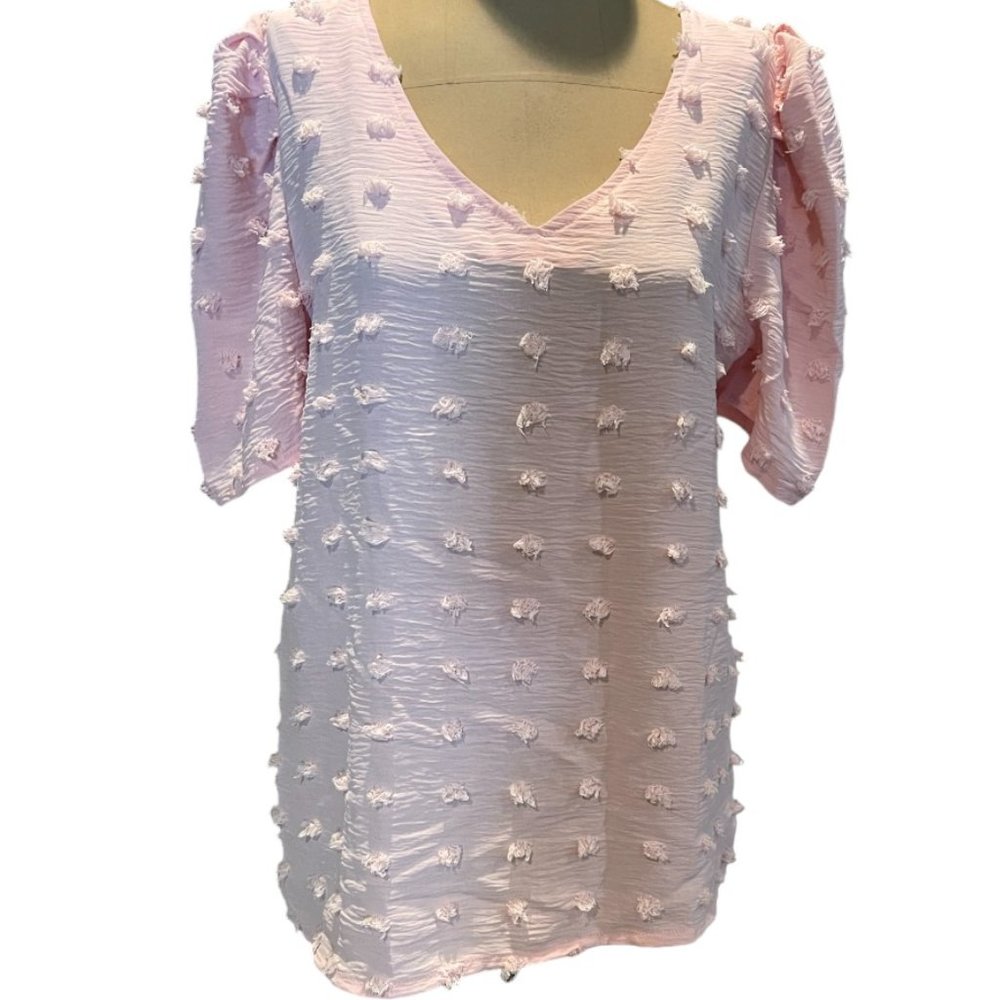 NWOT Camisa Pink Swiss Dot Short-Sleeved Blouse Size: Small